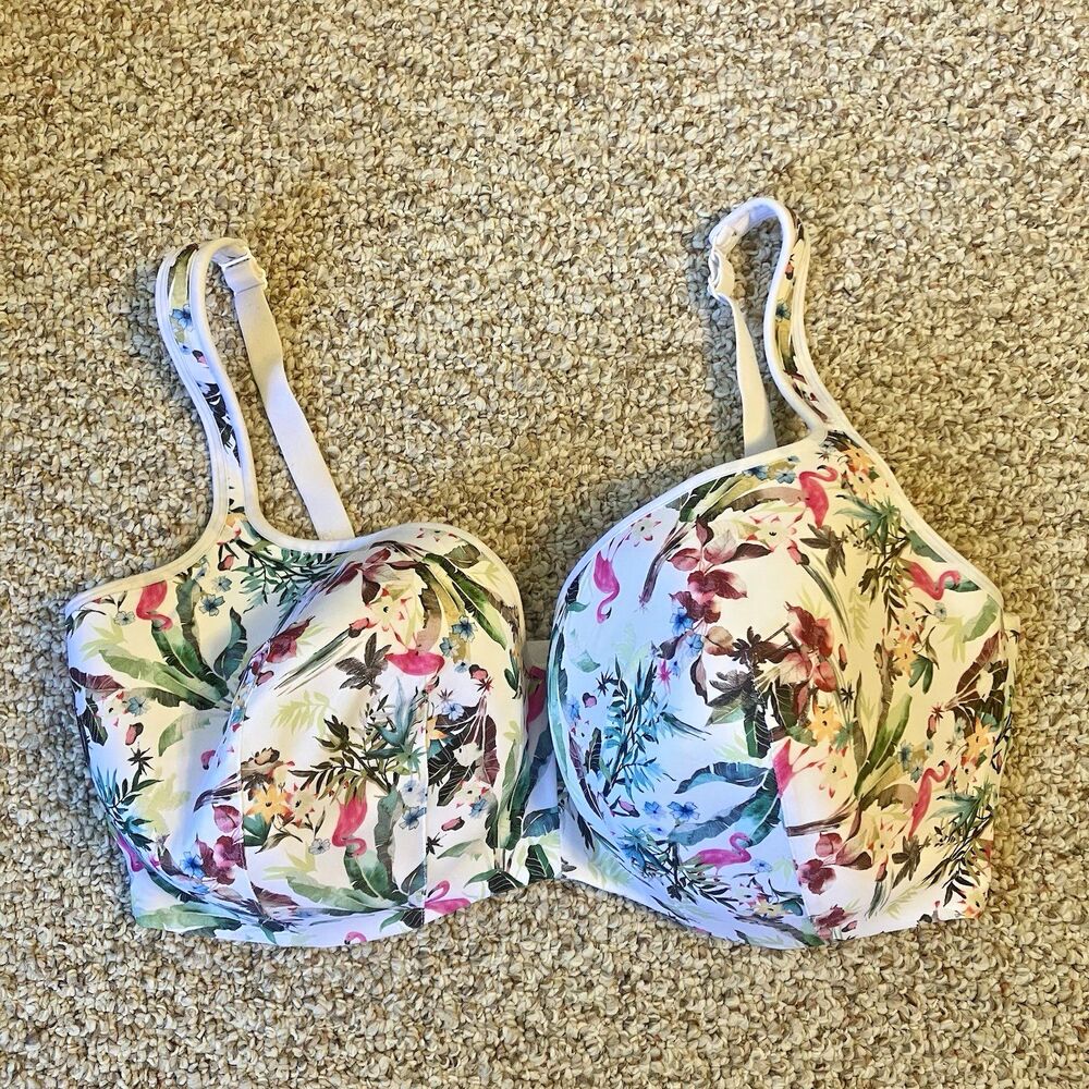 Cacique Lightly Lined Balconette Bra Plus Sze 44H White Colorful Jungle Flamingo